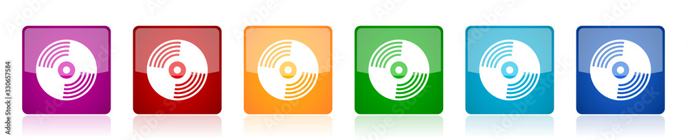 Aufkleber Vinyl music icon set, colorful square glossy vector illustrations in 6 options for web design and mobile applications