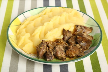 Fried chicken livers and mashed potatoes