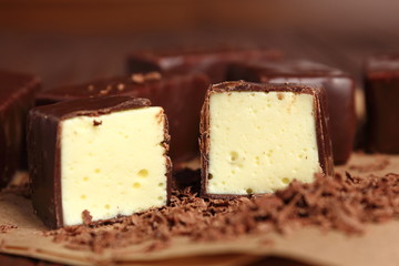 Soft chocolate covered candy filled with soft lemon meringue