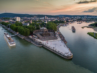 Fototapeta premium Sunset in Koblenz City Germany historic monument German Corner where the rivers rhine and mosele flow together