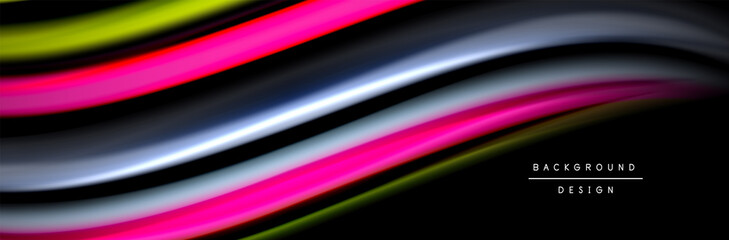 Silk and smooth flow wave poster design. Color waves, liquid style lines and shapes in black color background