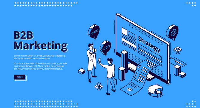 B2B marketing isometric landing page. Business to business way of communication strategy and commerce between companies. Men communicate front of desktop with paper bill, 3d vector line art web banner