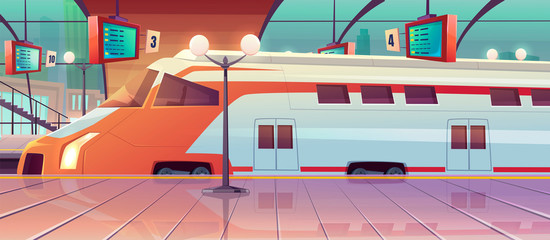 Railway station with high speed train and platform with schedule. Vector cartoon illustration of empty interior of subway waiting terminal with locomotive on railroad. Arrival passenger express © klyaksun