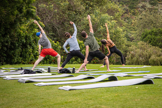 Yoga Instructor And Students Outside On Grass With Yoga Mats Practicing Poses. Trees Are In The Background