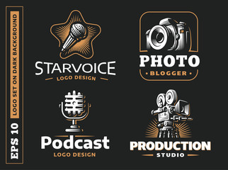 Set photo, vdeo, audio logo - vector illustration, emblem on black background
