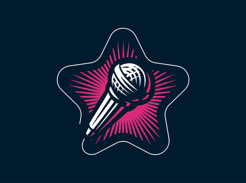 Karaoke club. Design microphone on star. Vector template for emblem.