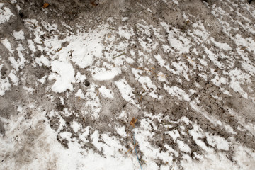 Dirty snow spring background. Old and dirty snow texture. Natural background. Snow mixed with coal soot, poor ecology. Environmental pollution.