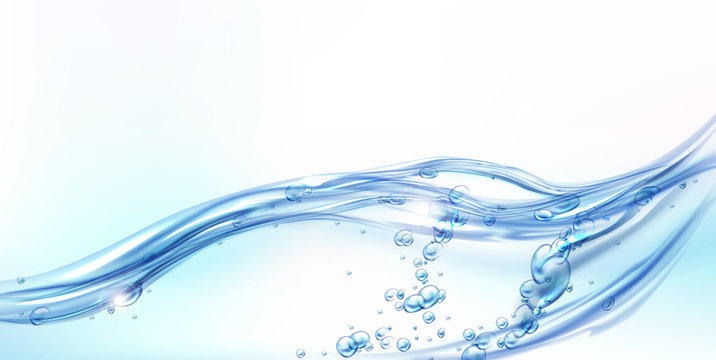 Fresh clean water flowing wave with bubbles and drops. Vector illustration with realistic clear blue aqua splash on white background. Flow of pure liquid drink