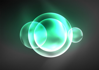 Glowing neon shiny transparent bubbles, glass circles or bio cell concept. Techno futuristic vector abstract background For Wallpaper, Banner, Background, Card, Book Illustration, landing page