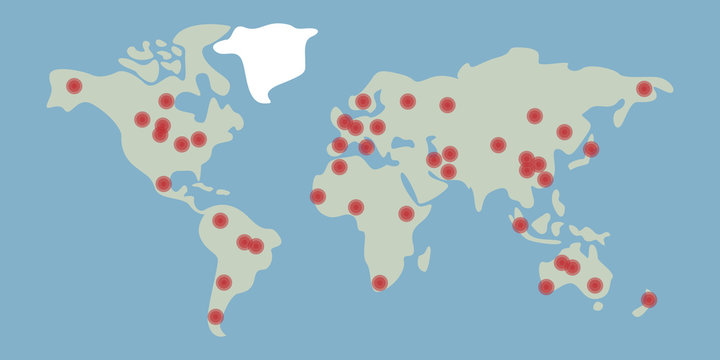 World map of Coronavirus (Covid-19). Coronavirus pandemic. Flat vector Earth illustration. Map shows where the coronavirus has spread