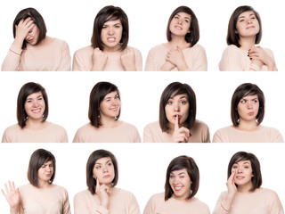 emotions of a girl collage on a white background isolate. Mosaic of woman with freckles expressing...