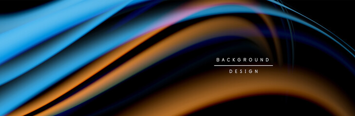 Сolorful flow poster. Wave liquid lines and shapes in black color background. Vector Illustration