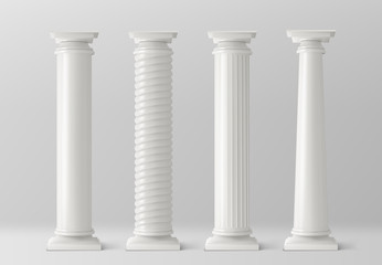 Antique pillars set isolated on white background. Ancient classic stone columns of roman or greece architecture with twisted and groove ornament for interior facade design Realistic 3d vector mockup