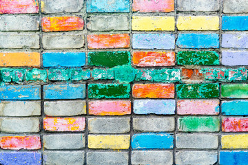 Abstract pattern with brick colored on black background. Old wallpaper. Colorful abstract background.