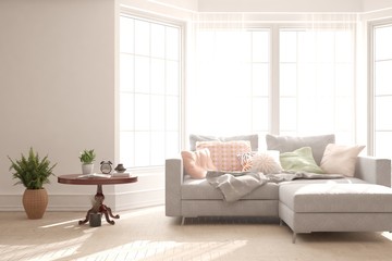 Modern living room in white color with sofa. Scandinavian interior design. 3D illustration