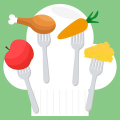 Kids menu icon. Carrot, cheese, chicken, apple on the fork