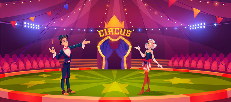 Magician and woman on circus arena. Performance, carnival show on round stade inside of cirque tent. Vector cartoon illustration of circus artists, illusionist with magic wand and girl assistant