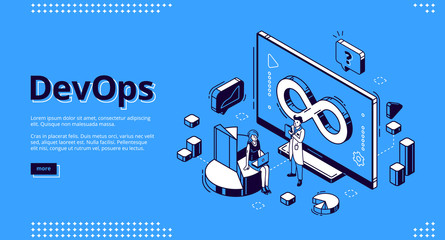 Devops isometric landing page, development and operation specialists work collaboration. Programmer and businesswoman at huge pc. Automation cycles software construction. 3d vector line art web banner