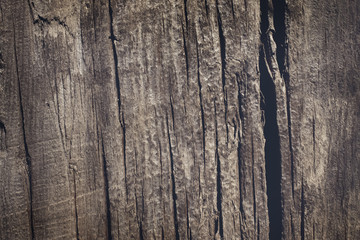 The surface of an old brown wooden board with deep cracks and scratches. Abstract modern trendy wood texture background