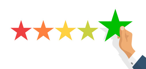 Customer feedback 5 stars scale isolated on white background. Online consumer Review 5 yellow stars with businessman hand. Excellent User experience feedback. Rank,survey level satisfaction rating app