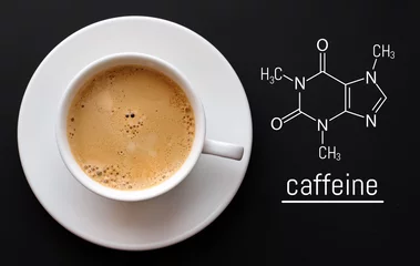 Foto op Plexiglas Blackboard with the chemical formula of caffeine, close up cup of fresh coffee on black background. Top view with copy space © Aleksandr