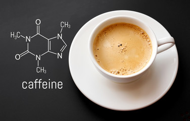Blackboard with the chemical formula of caffeine, close up cup of fresh coffee on black background....