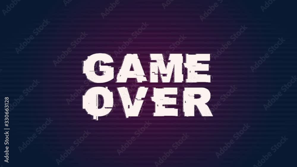 Aufkleber Game over with glitch effect. Colorful interference in VHS. Animation noise with moire artifacts flickers on screen. Text in video game with colorful interference. Retro screen in pixel art style.