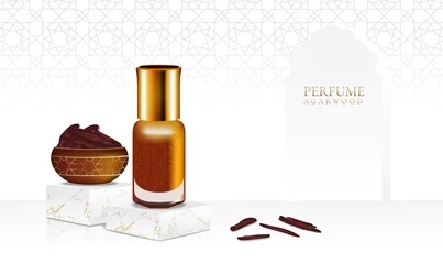 Foto op Plexiglas Perfume agarwood with isolate bottle and islamic pattern illustration © nhonya