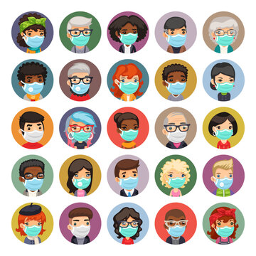 Flat cartoon avatars collection of people wearing medical face masks to prevent viruses, disease, flu, gas. Isolated on white background. Clipping paths included.