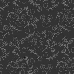 Outline seamless easter pattern, scandinavian style. Easter bunny on a floral background with eggs. Flat, cartoon, retro style, stock illustration for web, print, postcard, invitation, wallpaper.