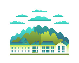 Rural valley Farm countryside isolated on white background. Village landscape with ranch in flat style design logo. Landscape with house farm, building, tree, cloud, hills cartoon vector illustration