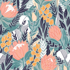 Protea en eucalyptus bladeren patroon. Naadloos motief voor verpakking, behang, stof, decoratieprint. vector illustratie