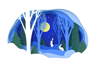 Winter paper landscape. Snowy forest with trees without leaves and fir trees. Snowdrifts, snow, moonlit night, stars in the sky. Glade with two rabbits. Vector illustration
