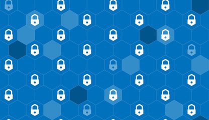 Seamless pattern lock icon hexagon net blue background, cyber security concept.