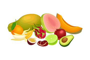 Exotic Fruits Composition with Pitaya and Papaya Vector Illustration