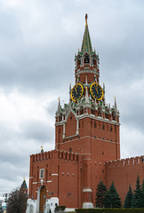 Spasskaya tower in Moscow on Red Square in cloudy weather