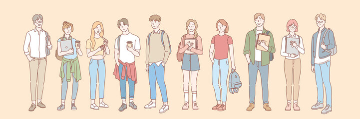 Naklejka premium Set of college student, pupil concept. Group of young men and women students teenagers, pupils with books, backpacks. University, college life. Education, learning, study process. Simple flat vector