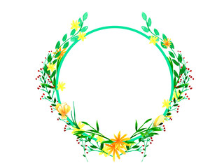 Beautiful bright watercolor floral wreath. Spring flowers, branches, leaves. Hand painted illustration isolated on white background. Perfectly for greeting card design.