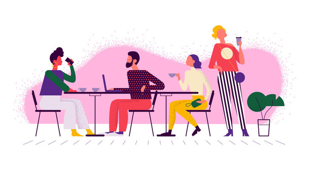 Young stylish people in coffeehouse drinking coffee at table talking, communicating, working. Flat vector illustration concept in trendy colours for banner, ui.