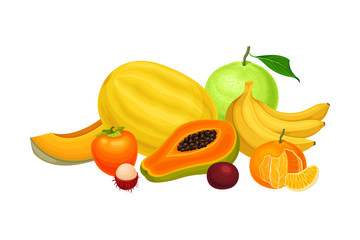 Exotic Fruits Composition with Banana and Papaya Vector Illustration