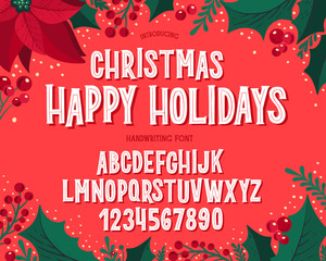 Christmas font. Holiday typography alphabet with festive illustrations and season wishes. - 330667780