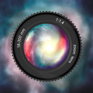 Universe filled with stars in the camera photo lens. Abstract nebula or galaxy. Astronomy conceptual background. 3D rendering