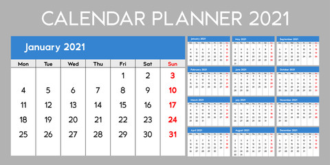 Calendar planner 2021, base template design. Week Starts on Monday. Set of 12 Months, vector illustration EPS 10
