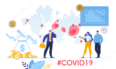 Coronavirus Outbreak World Viral Shedding and Global Economy Crisis, Financial Crash. Stock Market Chart Fall and Upset Businessman, People in Facial Mask. Negative Covid19 Impact on Investment Price