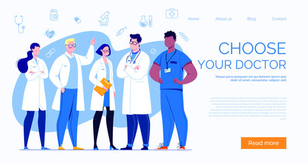 A team of doctors on a template for a website or landing page.