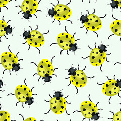 Vector seamless pattern with yellow ladybugs on light green background; cute design for fabric, wallpaper, wrapping paper, textile, web design.