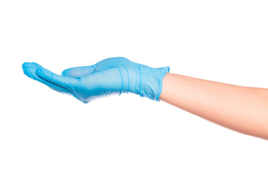 female hand in sterile gloves isolated on white background showing .hand gestures- Image