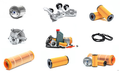set of parts for scheduled car maintenance.Oil , air , fuel filter, Water pumps motor, belt car...