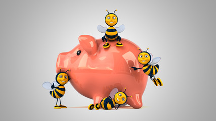 3D Illustration of fun bees next to a piggy bank