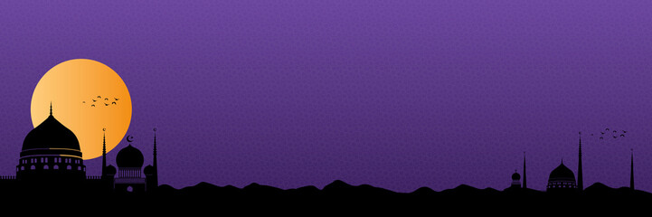 Ramadan kareem background with silhoutte madina mosque and sunrise. Paper cut vector illustration with mosque and moon, place for text greeting card and banner